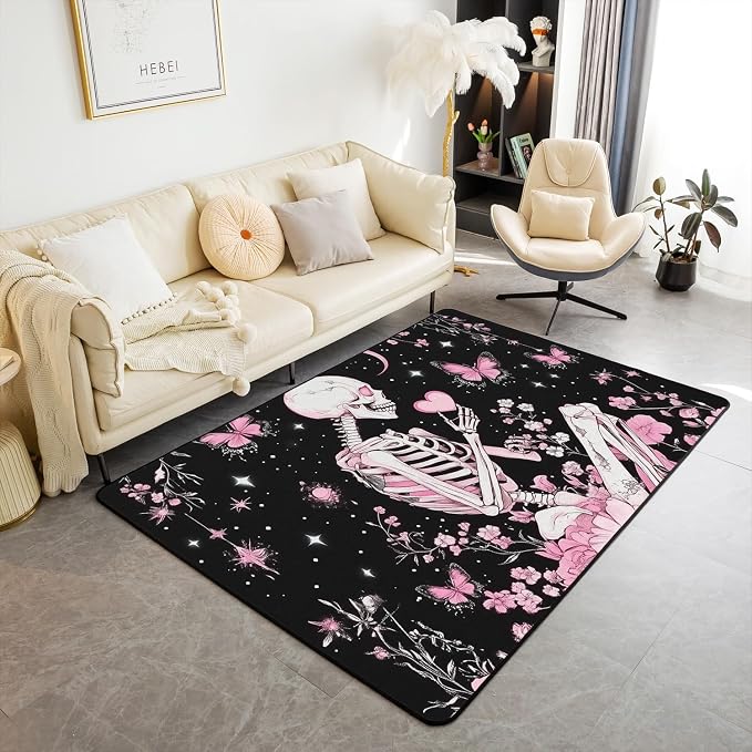 Skeleton Kids Area Rug,Glitter Starry Sky Pink Flowers Romantic Indoor Floor Mat Entrance Rug,Halloween Trippy Skull Non Slip Rug,Black Chairs Couch Living Room Decor,3’x5′