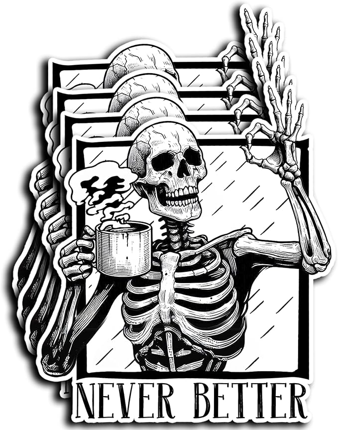 Pack 4PCS Never Better Stickers Funny Skeleton Floral Skull Waterproof Vinyl Decals Decor Stuff Kindle Hard Hat Water Bottle Laptop Phone Case Skateboard Tumbler Cars Gifts - skull sticker