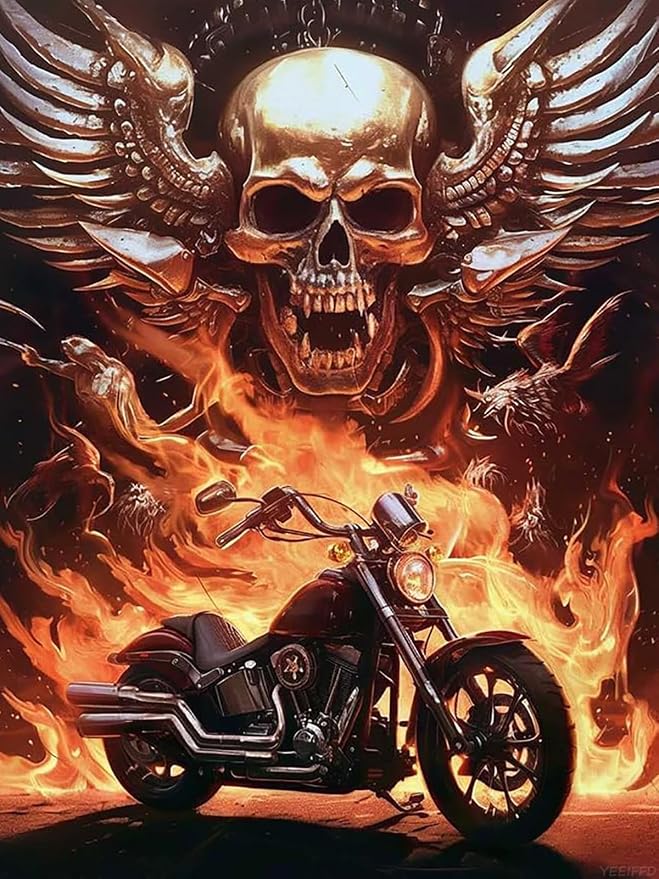 Christmas Handsome Skull Motorcycles Diamond Painting Kits for Adult, 5D Diamond Art Round Drill Painting by Diamonds Art and Crafts for Home Wall Decor Gift for New Year, Valentine’s Day 12×16 in