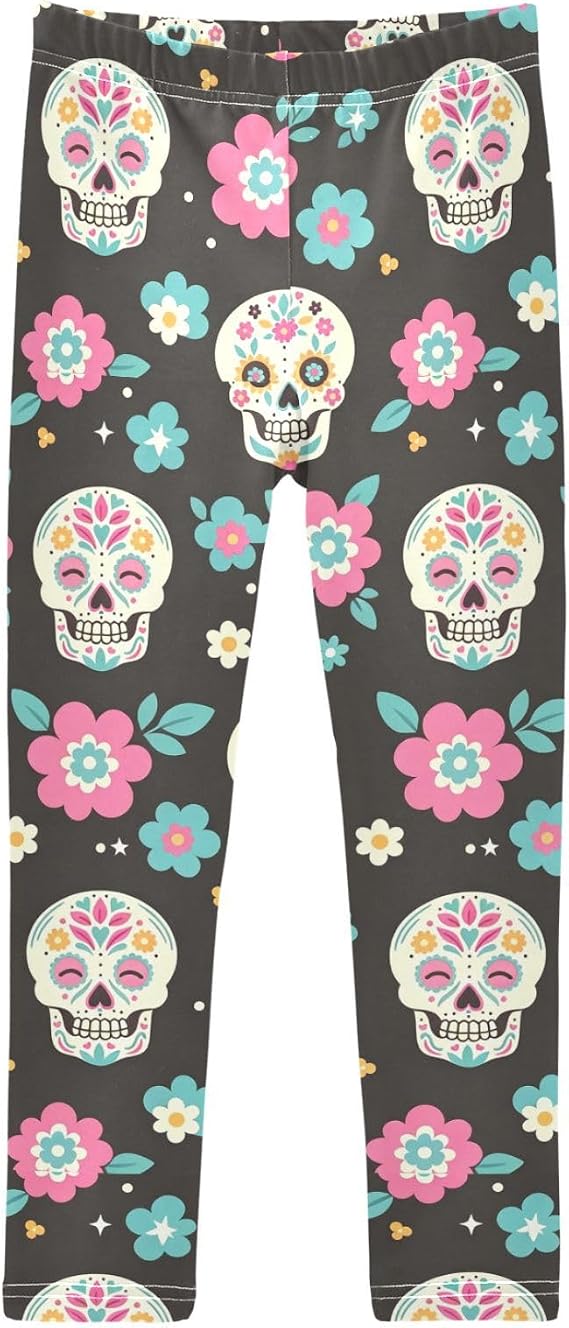 Girls Leggings Ankle Length Printed Leggings Soft Pants Dance Running for Kids 4-10 Years - skull leggings