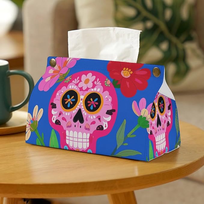 Tissue Box Cover Rectangular Tissue Box Holder Sugar Skull Flower Tissue Holder Facial Paper Case Organizer Holder Dispenser for Bathroom Vanity Countertop Home Decor - skull toilet paper