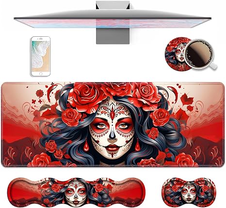 4 in 1 Ergonomic Keyboard Wrist Rest & Mouse Pad Wrist Rest Set, Large XXL Gaming Desk Mat 31.5"x 11.8" with Non-Slip Base, Memory Foam for Home Office Study Gaming, Sugar Skull Girl Roses - skull coaster