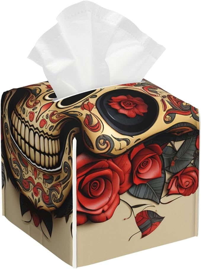 Tissue Box Cover PU Leather Square Tissue Box Red rose sugar skull Tissue Holder Napkin Dispenser Decorative Tissue Box Holder Paper Holder for Bathroom Office 13.2 cm L x 13.2 cm W x 13.2 cm - skull toilet paper