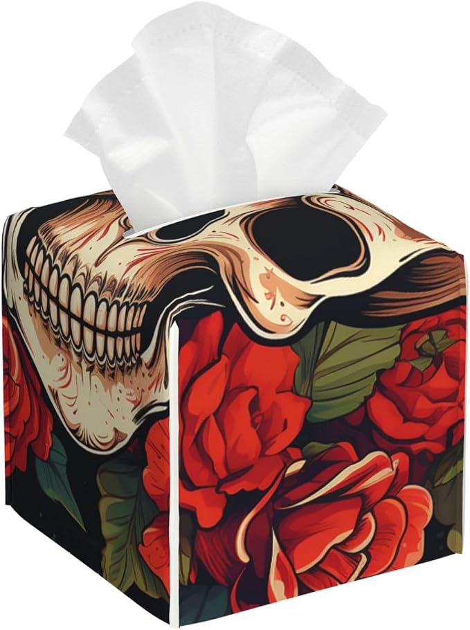 Tissue Box Cover PU Leather Square Tissue Box Sugar Skull Rose Tissue Holder Napkin Dispenser Decorative Tissue Box Holder Paper Holder for Bathroom Office 13.2 cm L x 13.2 cm W x 13.2 cm - skull toilet paper