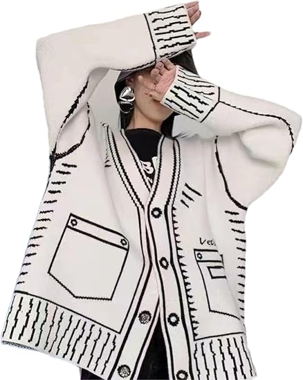 Women Print Graffiti Unique Cardigan Sweater Y2k Fake Pocket Long Sleeve Button Up Open Front Knit Sweaters Coat - skull jacket