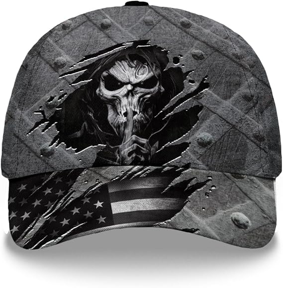 Skull Baseball Cap for Men, Grim Reaper Death Crack Old Metal with Flag, Men's Hat, Adjustable Motorcycle Soft Caps - skull jacket