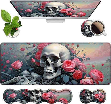 4 in 1 Ergonomic Memory Foam Mouse Pad Wrist Rest Set, Large XXL Gaming Desk Pad + Keyboard Wrist Rest + Mouse Wrist Cushion + Coaster for Home Office Study Gaming, Skull Roses - skull coaster