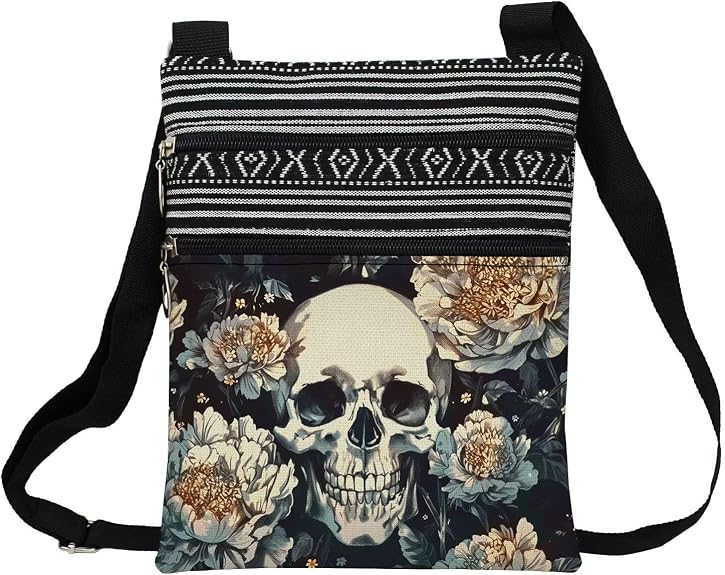 Skull Messenger Bag Ethnic Pattern Printed Adjustable Strap Crossbody Zipper Pouch Gothic Present for Woman - sugar skull handbags for sale