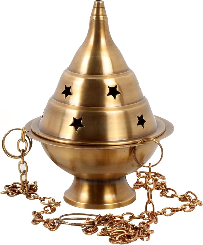 Brass Hanging Incense Burner Censer for Charcoal & Resin, Antique Brass Incense Holder with Chain, 4.5 Inch High - skull incense burner