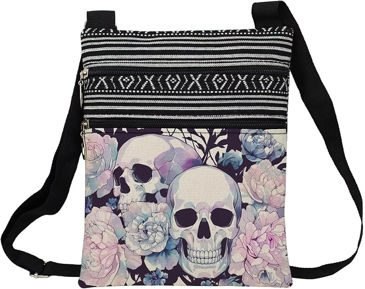 Floral Skull Printed Small Ethnic Crossbody Bag -4 - sugar skull handbags for sale