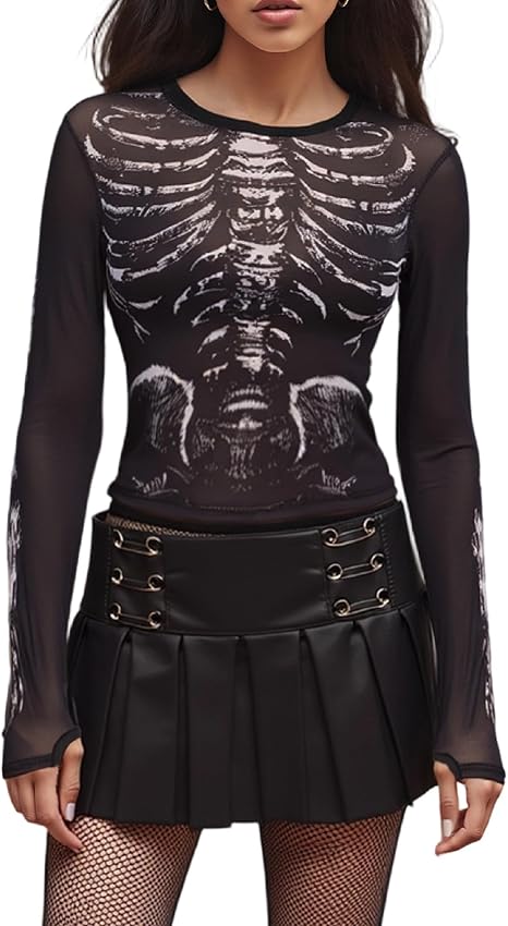 Women Halloween Skeleton Print Mesh Shirt Long Sleeve Gothic Graphic T Shirt See Through Fitted Goth Costume Party Top - skull tshirt