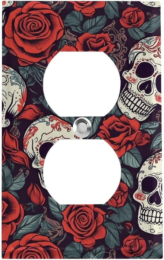 Wall Plate Sugar Skulls And Red Roses Outlet Covers 1-Gang Duplex Device Receptacle Wallplate Dual Outlet Faceplates Switch Plates Cover Light Switch Cover Plate 4.5x2.8 Inch - skull plate