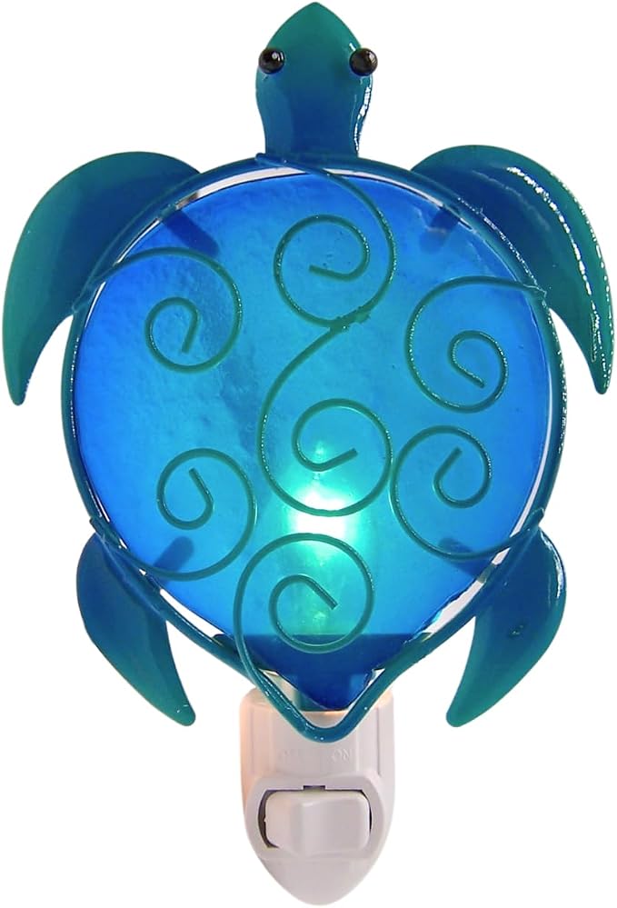 Wowser Blue Sea Turtle Hand Painted Glass Night Light, Beach Theme Home & Office Decor, Unique Sea Turtle Night Light, 6.25 Inches - string light