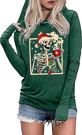 Skeleton Christmas Shirts for Women Xmas Tshirt Skull Graphic Tees Long Sleeve Pullover Tops - skull tshirt