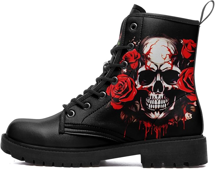 Skull Boots For Men Fashion Lace-Up Combat Boots For Women Punk Rock leather Ankle Booties Witchy Goth Shoes - sugar skull boots