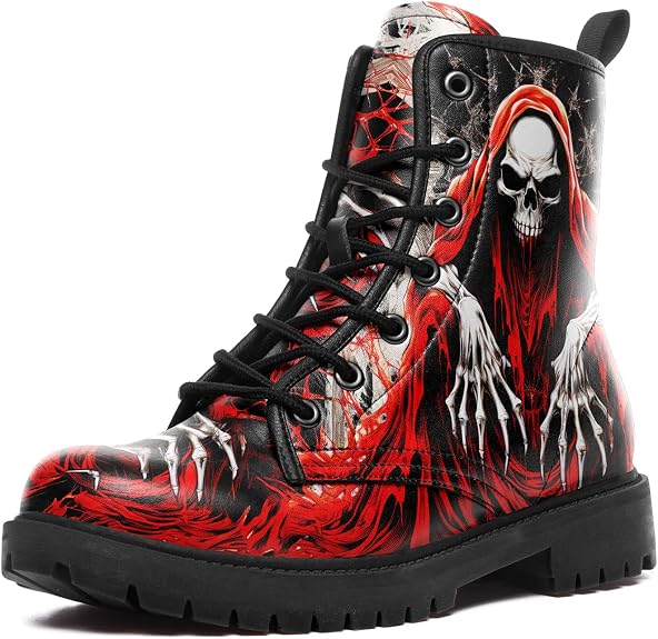 Skull Boots For Men Fashion Lace-Up Combat Boots For Women Punk Rock leather Ankle Booties Witchy Goth Shoes - sugar skull costume