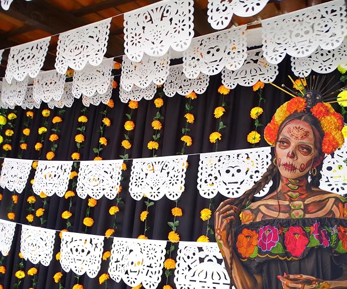 Dia de Los Muertos Papel Picado Banners, Day of the Dead decorations, Sugar Skulls Hanging Garland, Mexican Themed Fiesta Party Decor 5 Pack|Tissue Paper|60 ft total - skull sticker