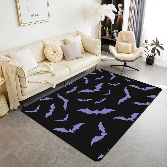 Erosebridal Purple Bat Non Slip Area Rugs 3x5,Halloween Decoration Rectangular Carpet,Safari Animals Dorm Home Office Indoor Floor Mat,Cute Gothic Bats Print Decorative Indoor Outdoor Washable Rug - skull carpet