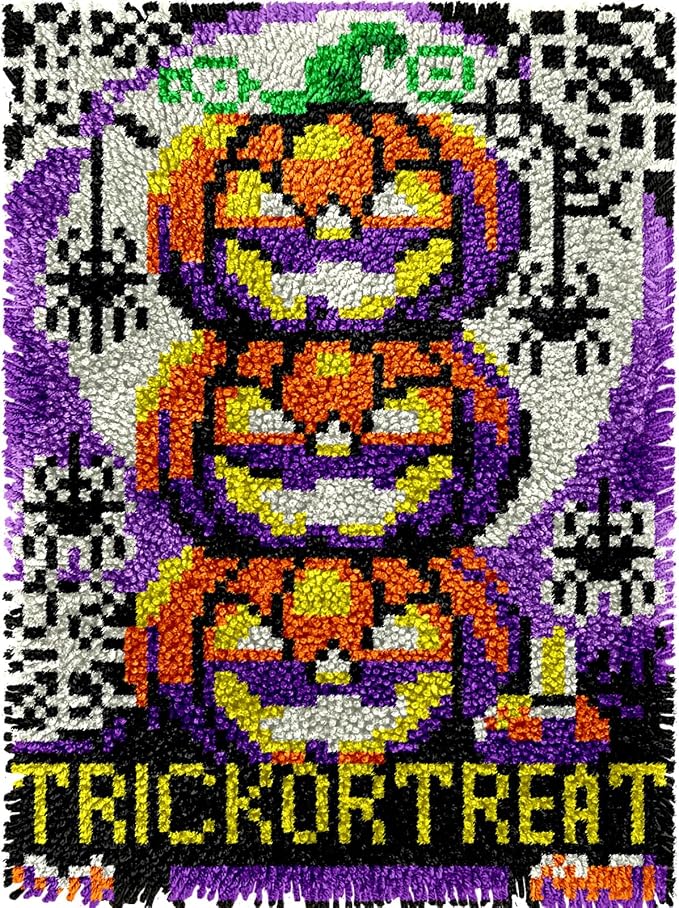 veirousa Halloween Jack O Lantern Latch Hook Kits for Adults Kids Beginners DIY Latch Hook Rug Kit Pre-Printed Hook and Latch Carpet Making Kits Cross-Stitch Wall Hanging Crochet Set 15x20 Inch - skull carpet