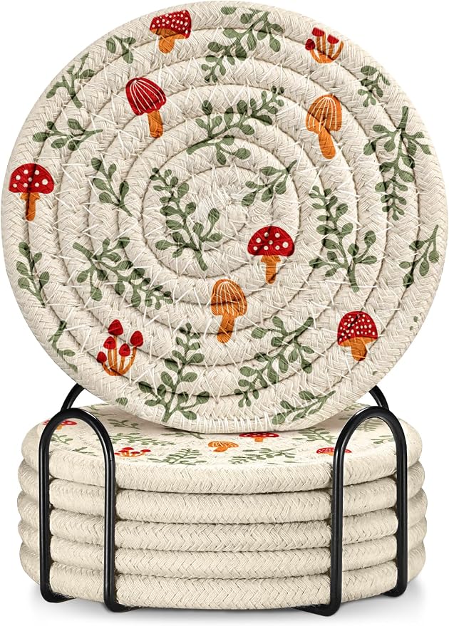 Absorbent Cup Coasters Set of 6 with Holder, Mushroom Leaf - skull coaster