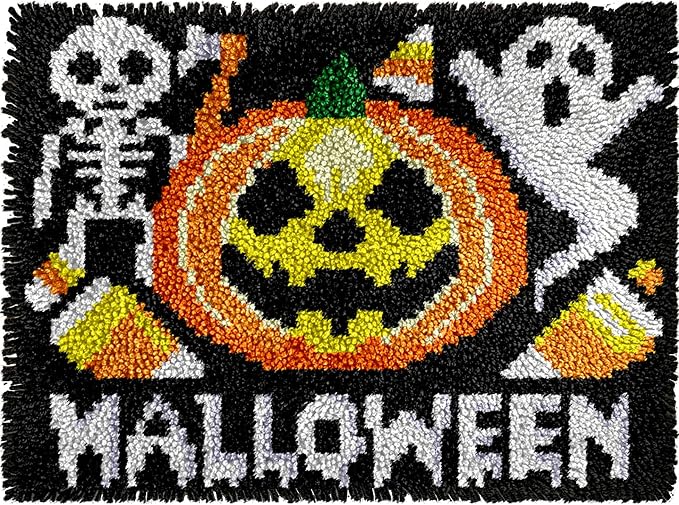 veirousa Halloween Pumpkin Gohst Latch Hook Kits for Adults Kids Beginners Skull DIY Latch Hook Rug Kit Pre-Printed Hook and Latch Carpet Making Kits Cross-Stitch Wall Hanging Crochet Set 20x15 Inch - skull carpet