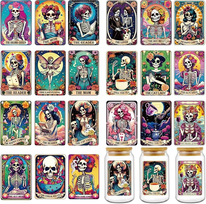 Rngmsi UV DTF Cup Wrap - 7 Sheets Skull UV DTF Cup Wraps for 16 oz, Gothic Skeleton UVDTF Decals for Tumblers Waterproof Rub on Transfer Stickers for Glass Wood DIY Crafts - skull sticker