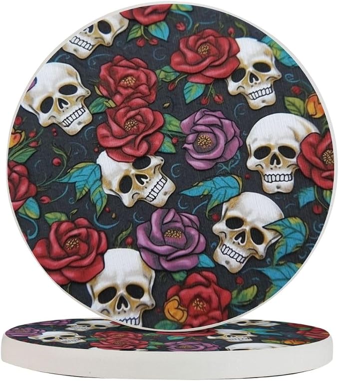 Coasters Two Pieces Diatomite Drink Coasters Sugar Skull Flowers Cup Mat Pad Heat Resistant Table Protective Mat for Home Coffee Cup Cup Coaster 4" - skull coaster