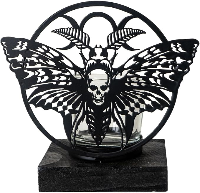 Pacific Giftware Death's Head Moth Tea Light Holder by Alchemy England Detailed Gothic Skull and Moth Design Unique Candle Accessory for Home Decor 5.75" Tall - skull candle