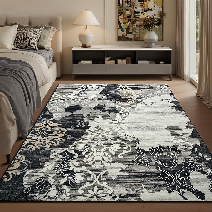 CRYPTOLITE Abstract Area Rug Washable Rug with Non-Slip Backing Low Pile Area Rugs for Living Room, Bedroom, Dining Room,4×6, Black