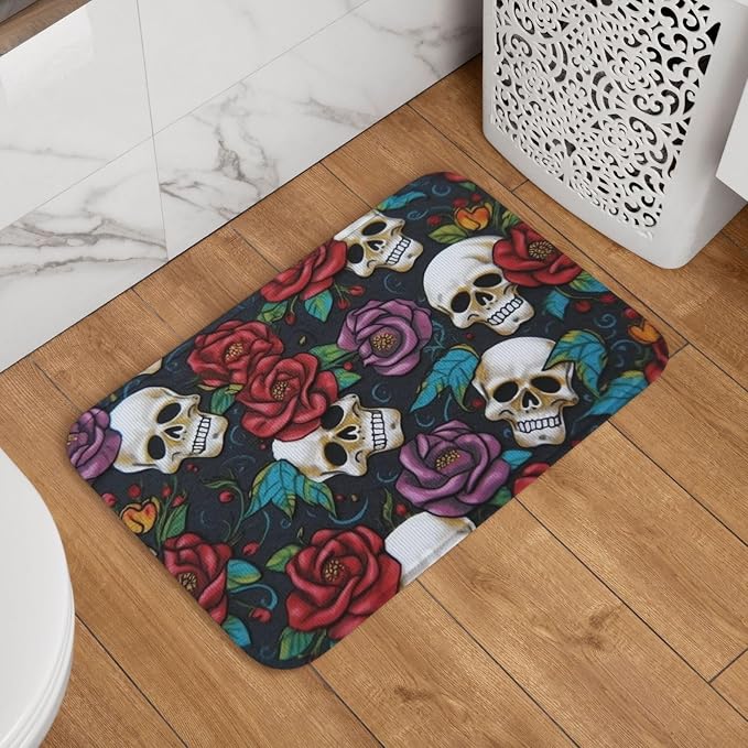 Doormat 16" x 24" Non-Slip Front Doormats Sugar Skull Flowers Welcome Mats Door Mat for Bathroom Entryway Mats Rectangular Outdoor Decoration Mat for Outdoor Indoor Patio - skull toilet mat