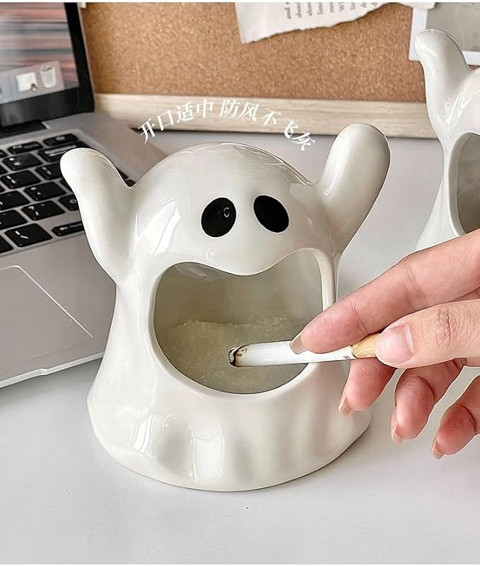 Creative Ashtray, Ceramic Cigarette Tabletop Portable Cigar Ashtray for Outdoor Indoor Desktop Smoking AshTray for Home office Gift for Men Women (White Ghost) - skull ashtray