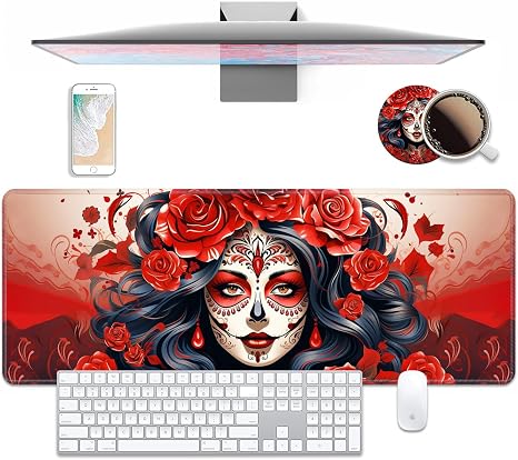 Desk Pad Mat Gaming Mouse Pads with Coasters Set, Sugar Skull Girl Roses Large Extended Desk Mousepad with Stitched Edge & Non-Slip Rubber Base for Work, Game, Office, Home (31.5"x 11.8") - skull coaster