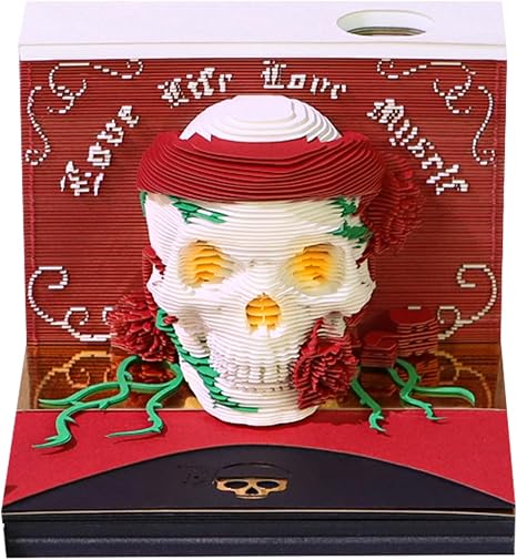 3D Memo Pad Calendar 2025,Halloween Skull 3D Time Piece Calendar 2025 Desk Calendar with Light Creative Tear Away Paper Sculpture Art Calendar Notepad,Red
