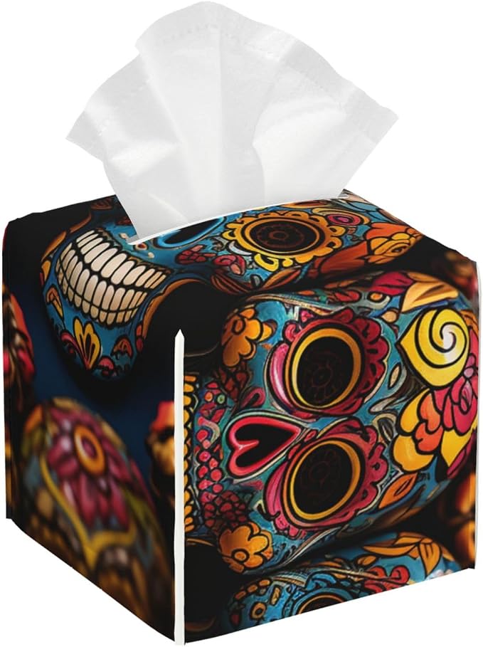 Tissue Box Cover PU Leather Square Tissue Box Colorful Sugar Skulls Tissue Holder Napkin Dispenser Decorative Tissue Box Holder Paper Holder for Bathroom Office 13.2 cm L x 13.2 cm W x 13.2 cm - skull toilet paper