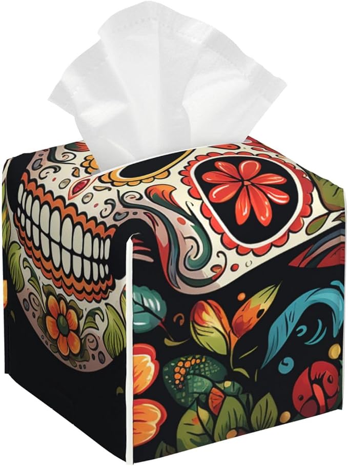 Tissue Box Cover PU Leather Square Tissue Box Colorful Sugar Skull Tissue Holder Napkin Dispenser Decorative Tissue Box Holder Paper Holder for Bathroom Office 13.2 cm L x 13.2 cm W x 13.2 cm - skull toilet paper