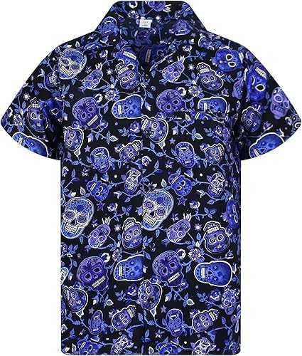Funky Hawaiian Shirt Casual Men Front Pocket Button Down Very Loud Shortsleeve Unisex Beach Multi Colors… - skull tshirt