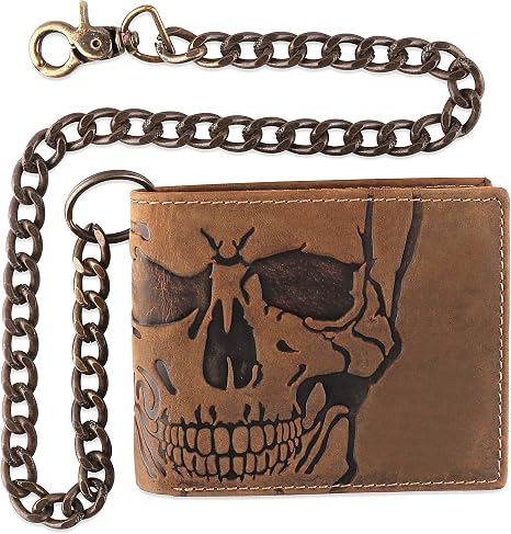 F&L CLASSIC RFID Blocking Mens bi-fold Style Cowhide Leather Steel Chain Wallet, brown skull,texas 100