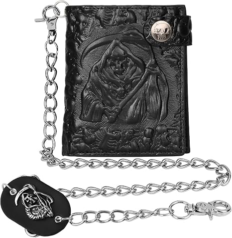 Unisex Black Skull Gothic Chain Wallet | Punk Bifold Leather Wallet for Halloween Accessories - skull wallet
