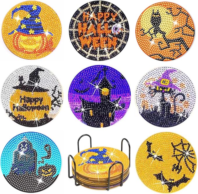 FOWSEEK 8 PCS Halloween Diamond Art Coasters, DIY Horror Diamond Painting Coasters with Holder & Cork Base, Diamond Art Kits for Beginners Adults Halloween Spooky Party Art Craft Supplies - skull coaster