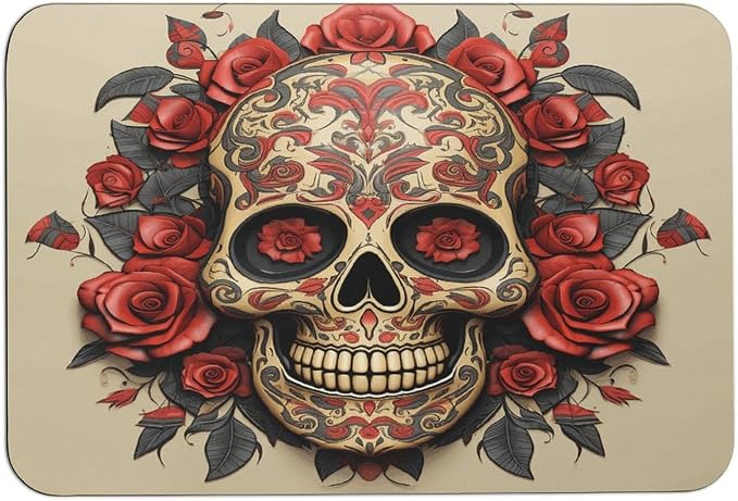 Diatomaceous Bath Mat Rug,Red Rose Sugar Skull Super Absorbent Quick Dry Thin Bathroom Rugs Non Slip Rubber Backed Bathroom Floor Mat,for Door Mat,Floor,Entryway - skull toilet rug
