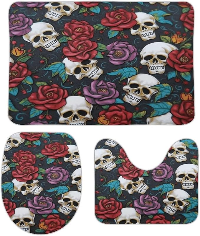 Bathroom Rug Sugar Skull Flowers 3 Pieces Bathroom Rugs Bath Set Non-Slip Ultra Soft Carpet Mats Absorbent with U-Shaped Toilet for Toilet Bath Mat Set - skull carpet