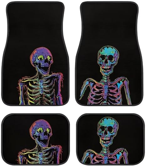 Cool Skeleton Print Skull Car Floor Mats Suitable for Cars SUVs Trucks,Front & Rear Automotive Floor Mats,4 Pieces - skull floor mat
