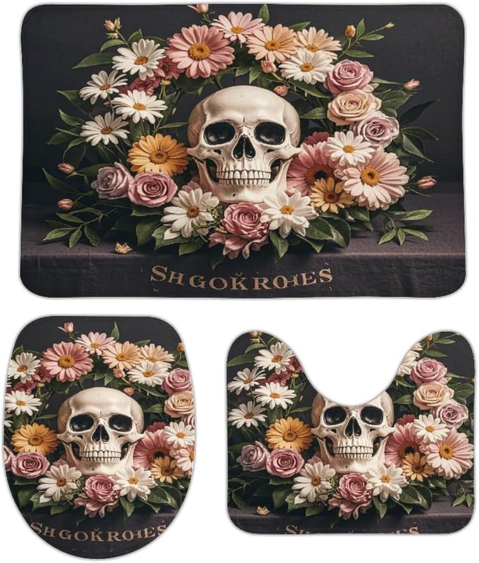Bathroom Rug Bonsai Tree Sugar Skull 3 Pieces Bathroom Rugs Bath Set Non-Slip Ultra Soft Carpet Mats Absorbent with U-Shaped Toilet for Toilet Bath Mat Set - skull carpet