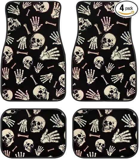 Black Skull Print Skull Car Floor Mats Suitable for Cars SUVs Trucks,Front & Rear Automotive Floor Mats,4 Pieces - skull floor mat