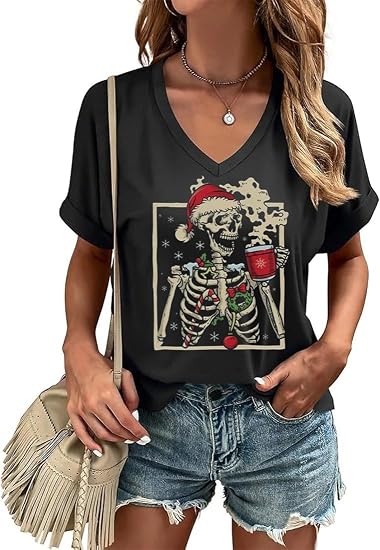 Womens Christmas Graphic V-Neck Shirt Xmas Party Short Sleeve Tee - skeleton