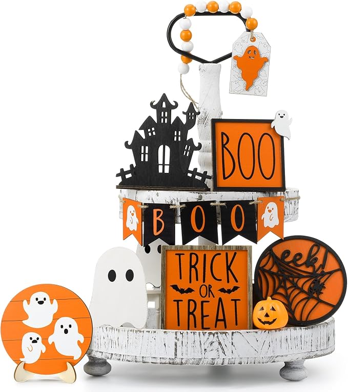 Umigy 15 Pcs Halloween Tiered Tray Decor Orange Ghost Wooden Signs Boo - string light