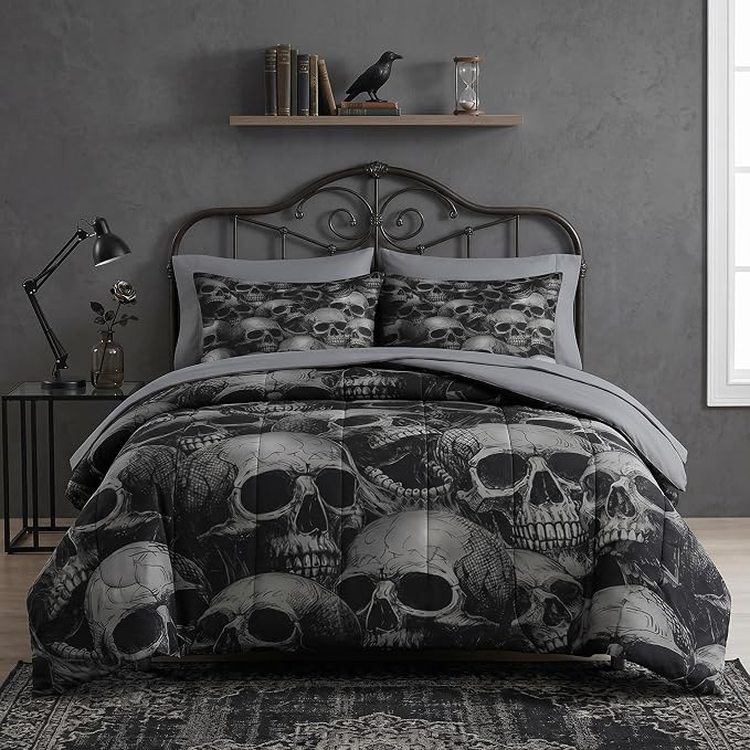 Pamnest Queen Comforter Set with Sheets, 7 Pieces Skeleton Retro Bedding
