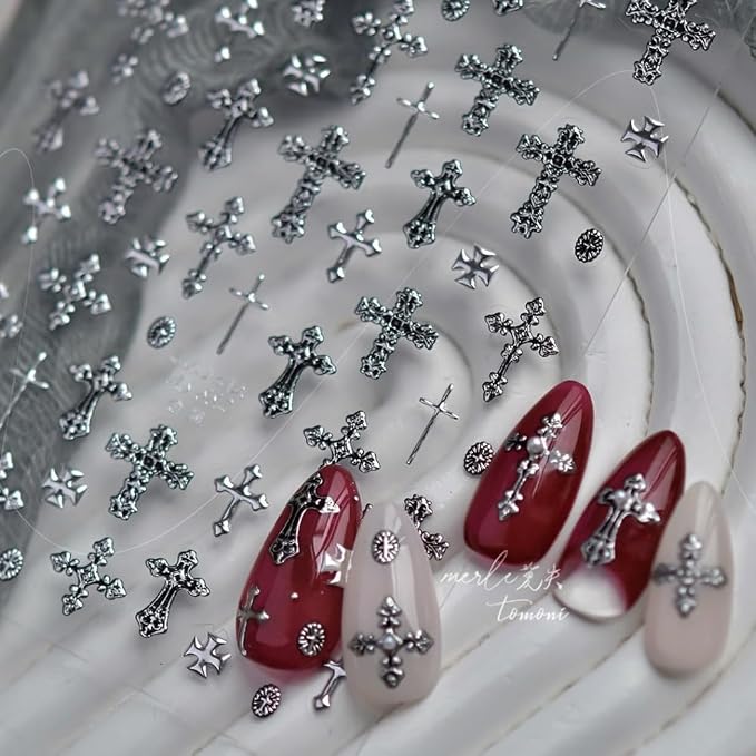 SOFTSOUL 5D Embossed Nail Stickers – Premium Salon-Grade Nail Art Stickers, Self-Adhesive Nail Decals, Long-Lasting, Detailed Textured Designs, Easy DIY Manicure, Home or Salon Use (Gothic Cross) - skull sticker