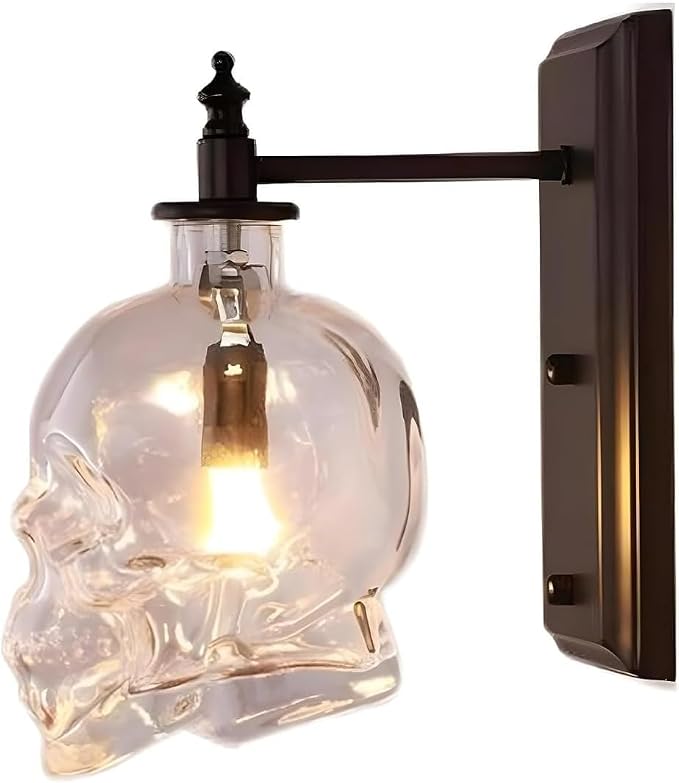 1-Light Retro Iron Wall Light, Glass Skull Wall Lamp, Industrial Glass Wall Light Compatible with Aisles Stairs Bar,Modern Chandelier/Color/Black