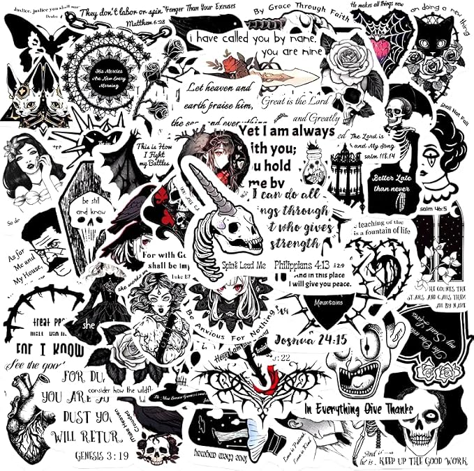 50pcs Jesus Phrase Goth Bible Verse Vinyl Waterproof Stickers for Water Bottle Laptop Phone Guitar Luggage - skull sticker